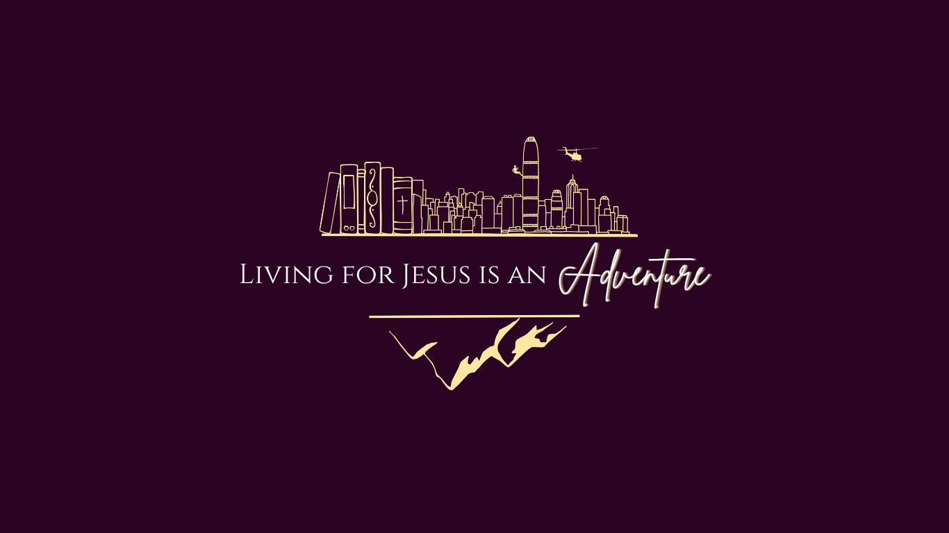 "Living for Jesus is an Adventure" logo with books, a Bible, a cityscape, a helicopter, and mountains